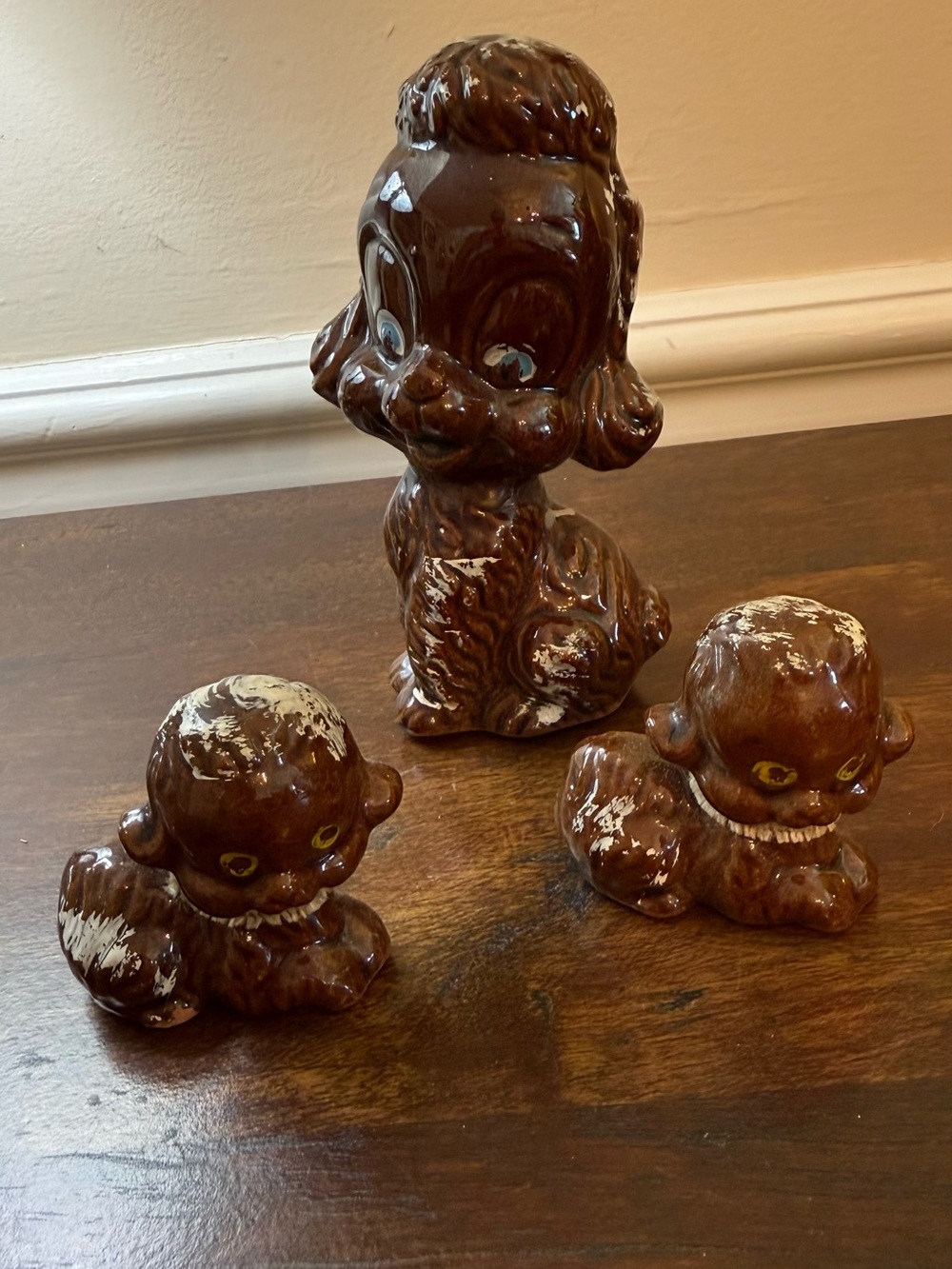 Glazed Brown Ceramic Puppy Figurine Trio - Decorative Home Accent